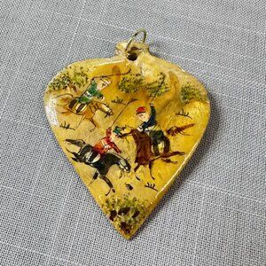 Vintage Persian Hand Painted Shell Pendant with Polo Players